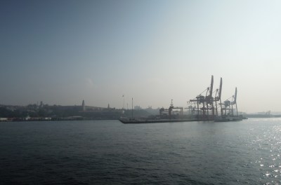 Shipping container cranes as seen from the sea, Istanbul