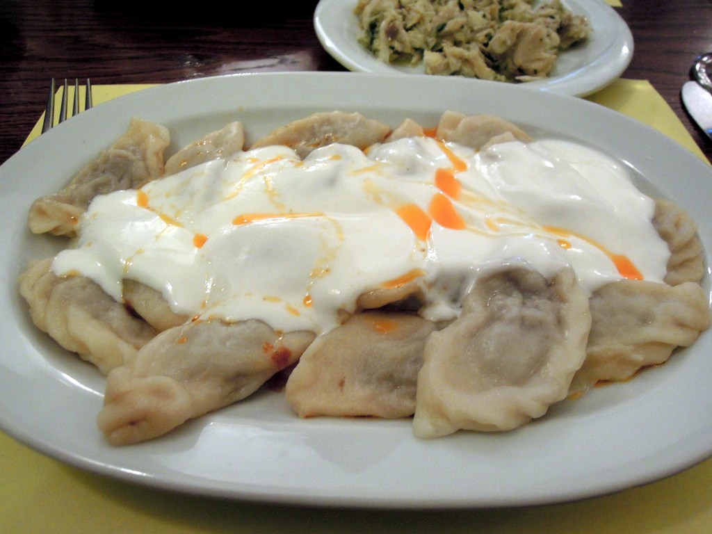 Manti in yogurt sauce, Ficcin restaurant, Istanbul Dumplings topped with yogurt sauce