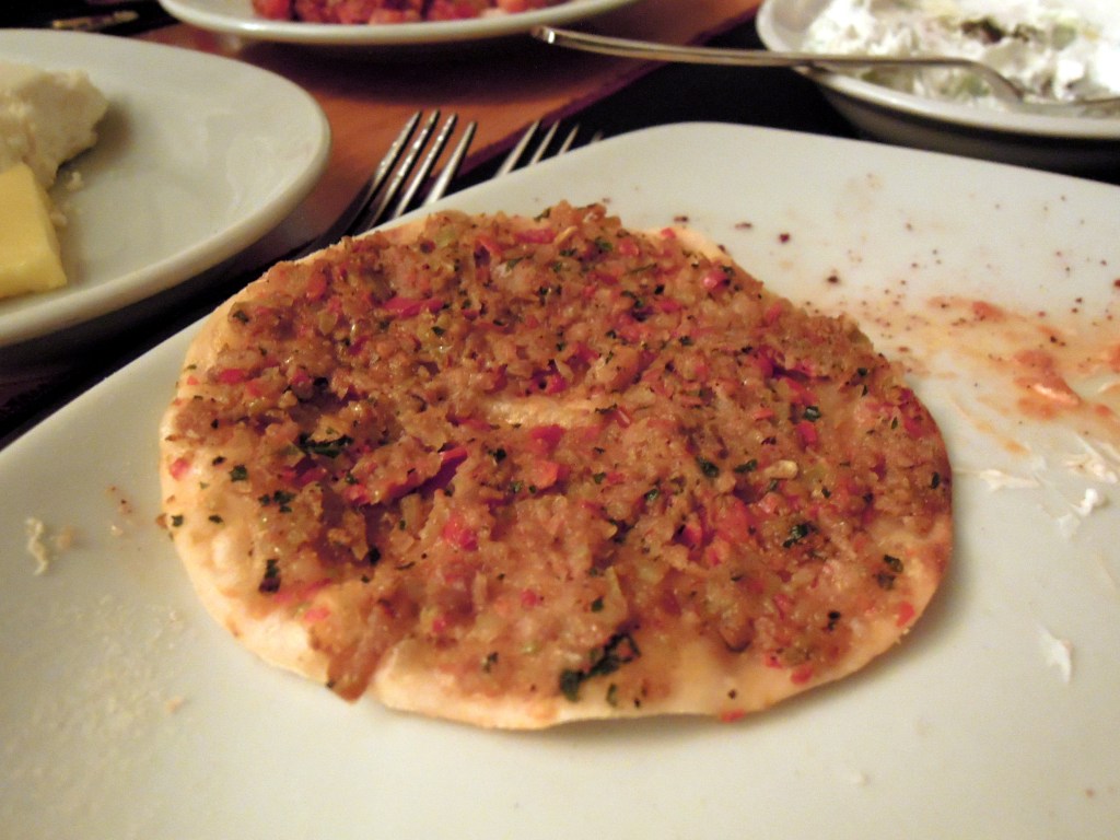 Individual mini lahmacun, Ali Ocakbasi restaurant, Istanbul Flatbread topped with ground meat