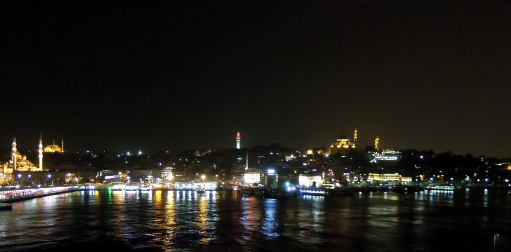 Nighttime view of the Galata Bridge and old town, from Beyoglu, Istanbul View of Istanbul waterfront at night
