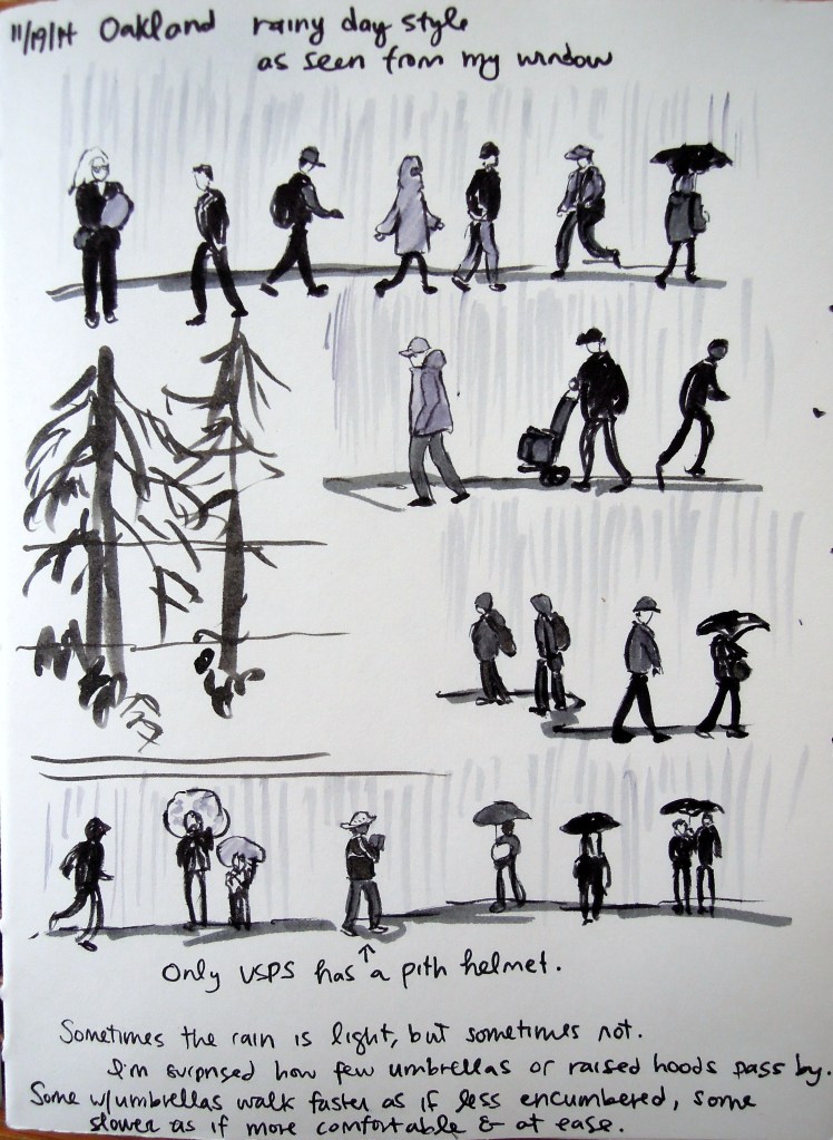 Ink sketches of rainy day passersby