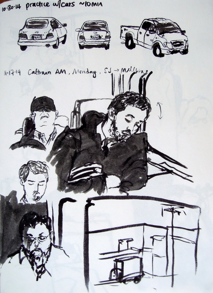 Ink sketches of cars and train passengers