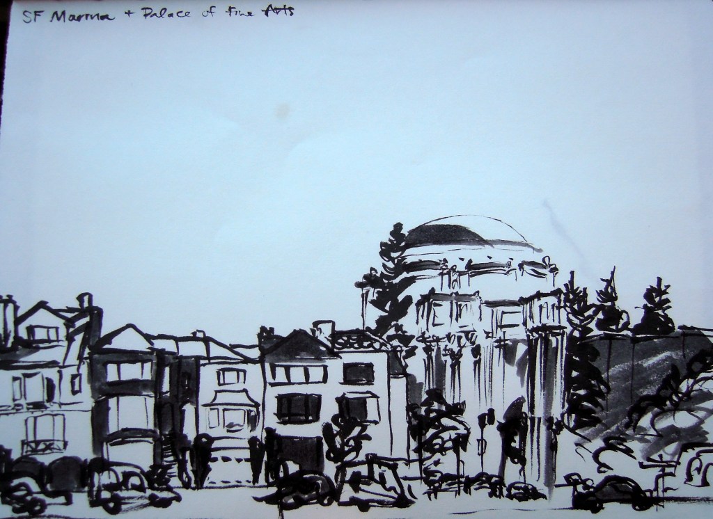 Sketch of the San Francisco Palace of Fine Arts rotunda and nearby houses, by Lisa Hsia