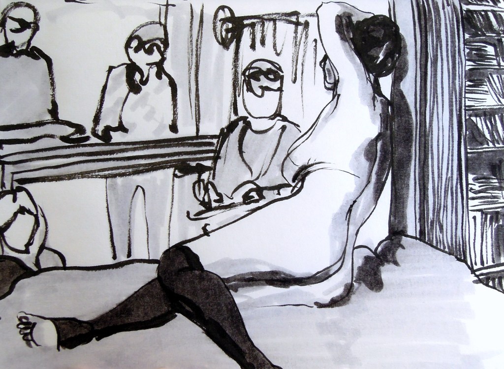 Marker sketch of a seated nude woman, by Lisa Hsia