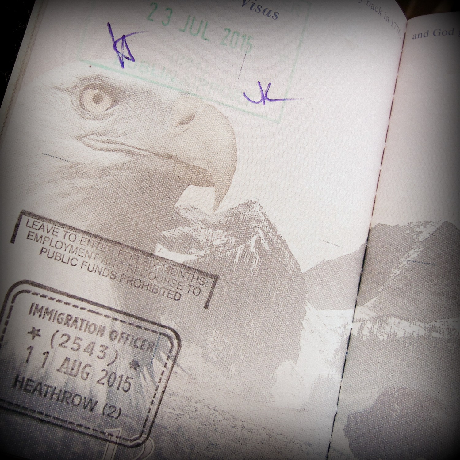 Page from a US passport showing one stamp from Ireland and one from England