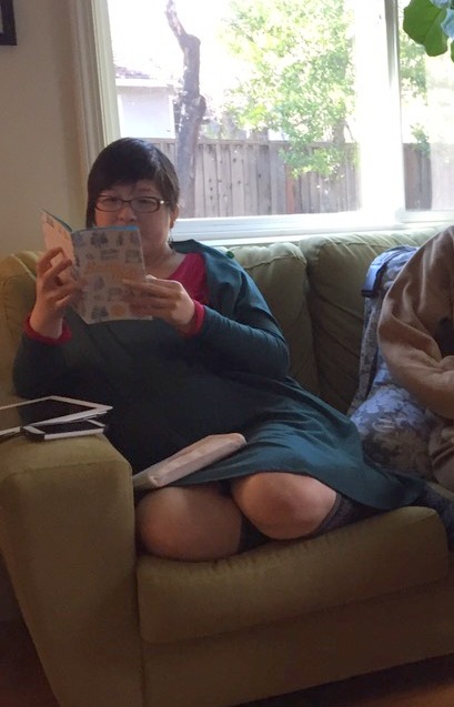 Lisa perusing cookbooks