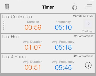 Screenshot of Full Term contraction timer app, right before calling the doctor