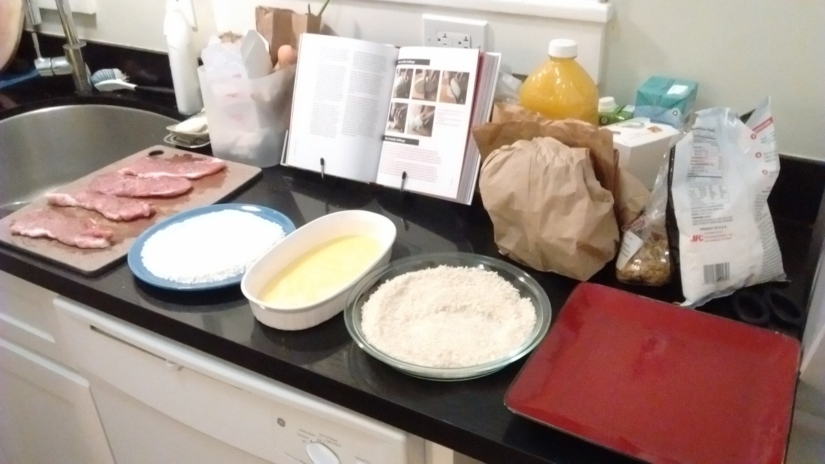 Counter with breading station for making tonkatsu