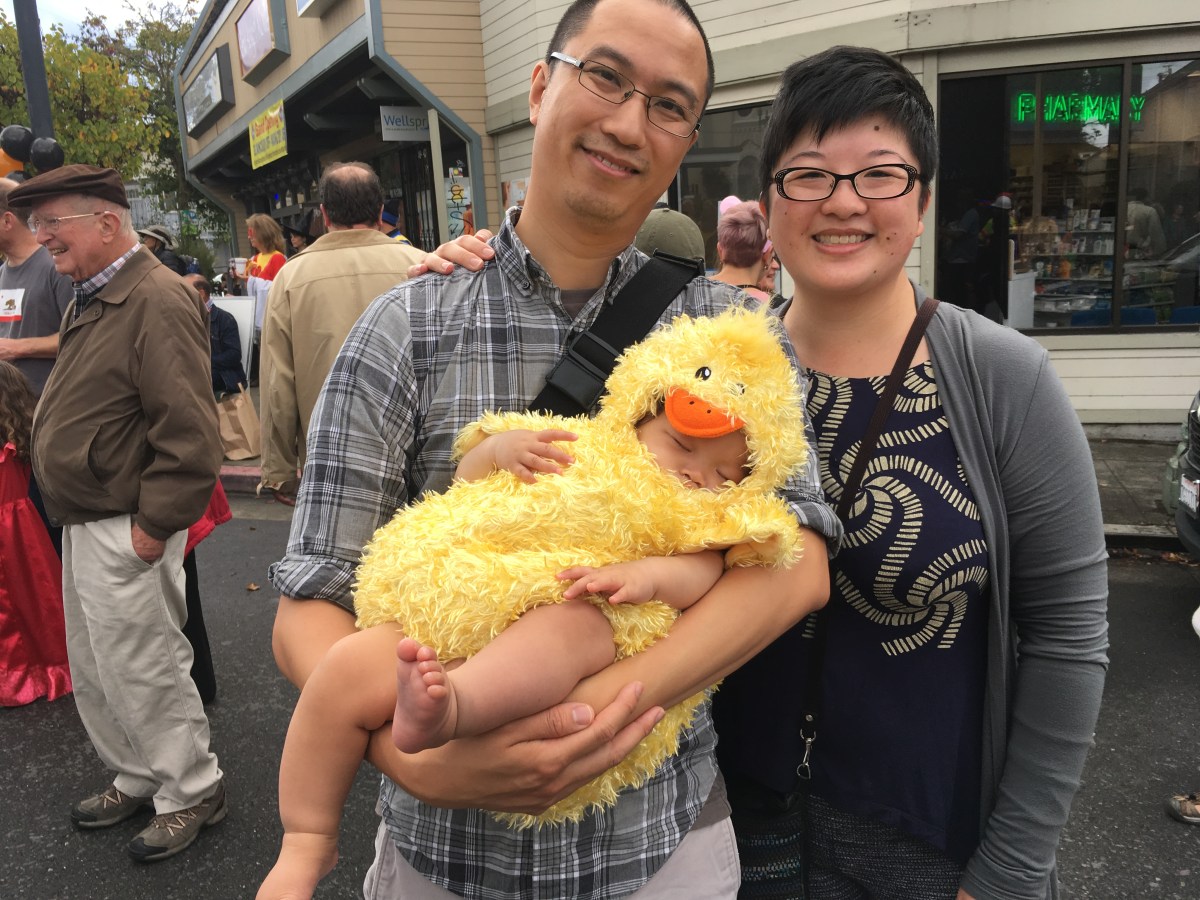 Halloween festivities with Lisa, Erik, and sleeping baby Ada in duckling costume