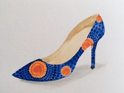 Watercolor painting of a stiletto heel in blue and gold ankara fabric, by Lisa Hsia