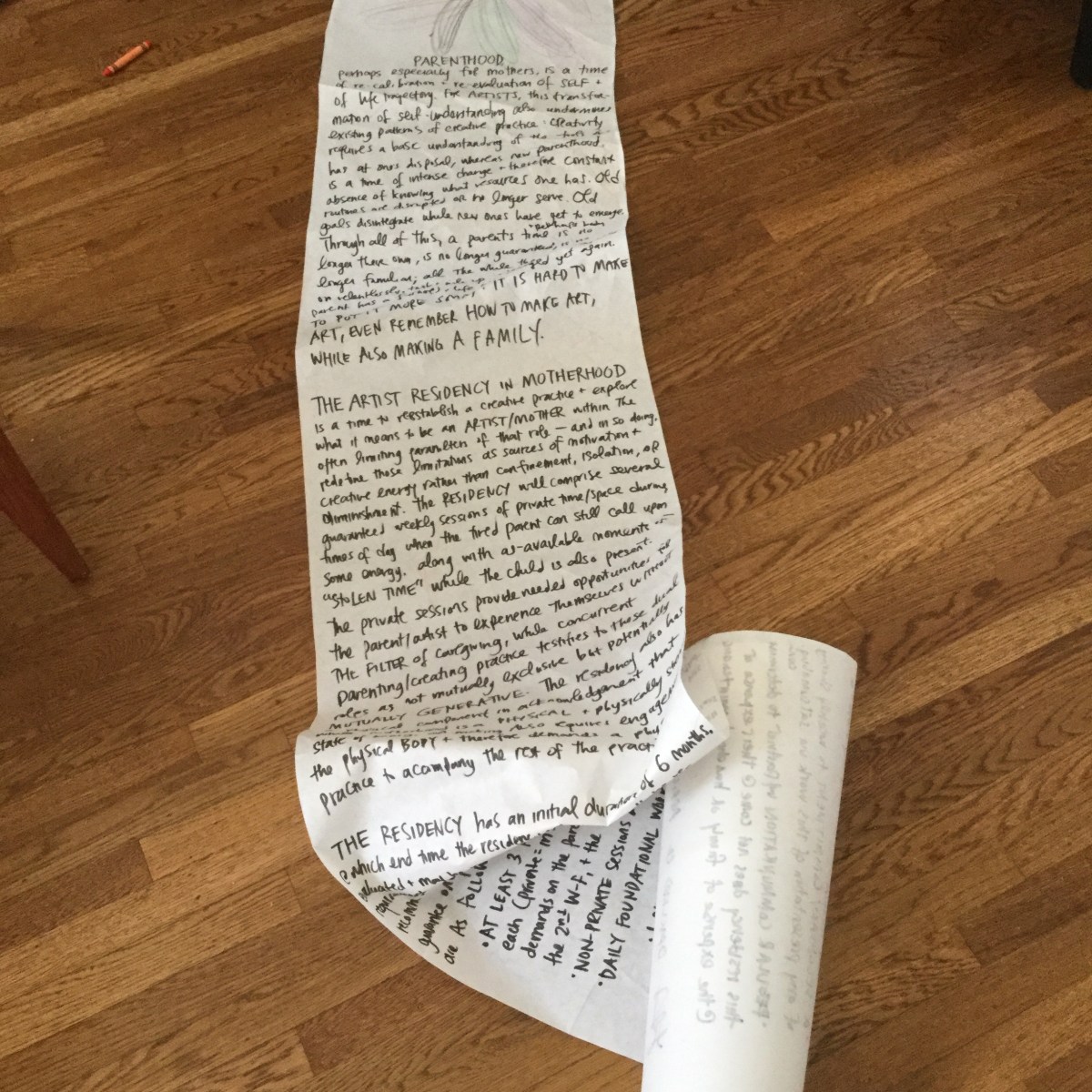 Artist Residency in Motherhood manifesto, Lisa Hsia, 2017, written quickly in black marker on a white roll of butcher paper