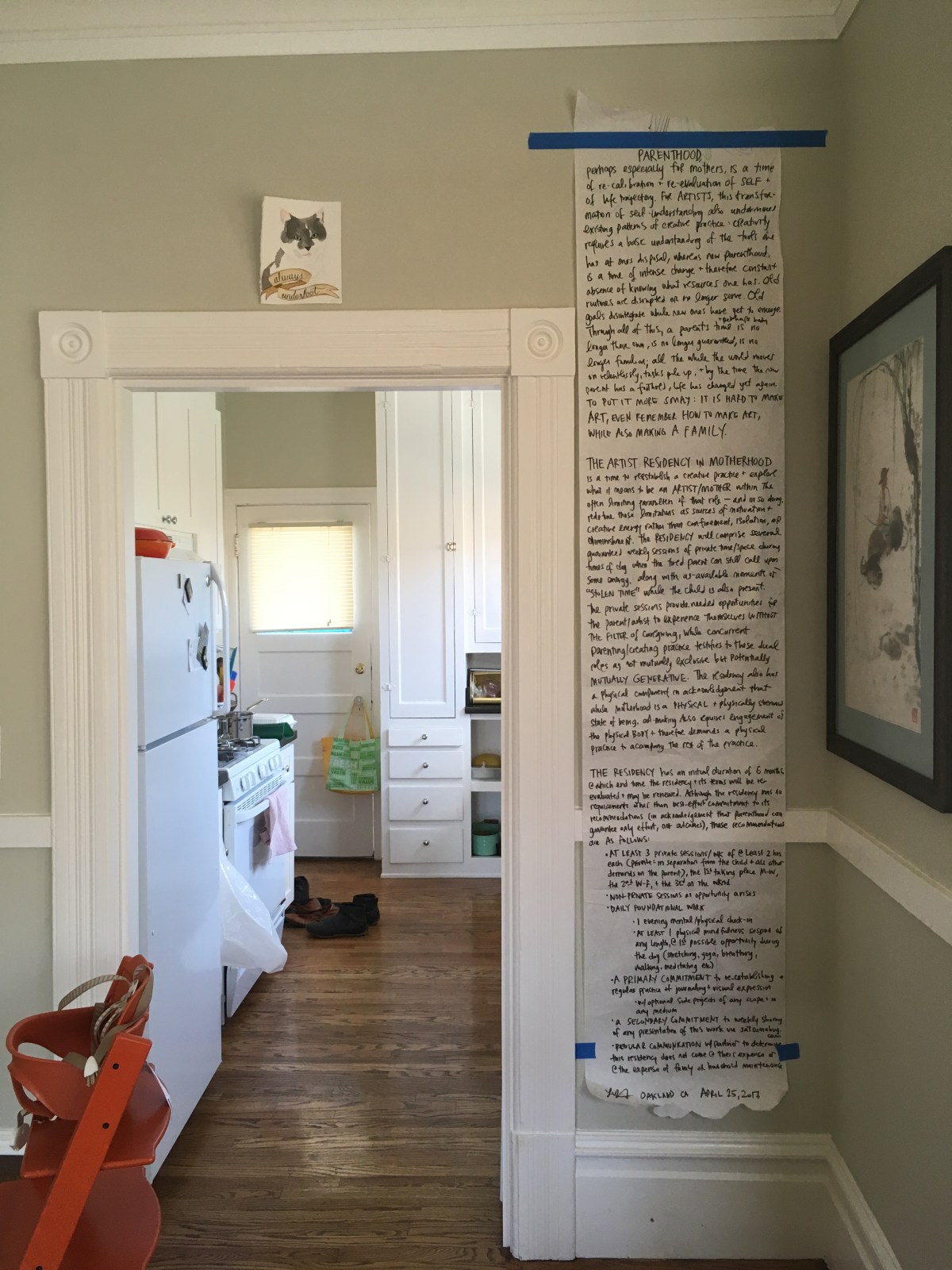 Artist Residency in Motherhood manifesto, Lisa Hsia, 2017, written in black marker on a long white piece of paper and taped on a wall
