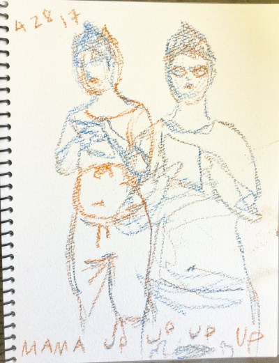 Quickly scribbled self-portrait sketches in multicolored crayon, Lisa Hsia, 2017