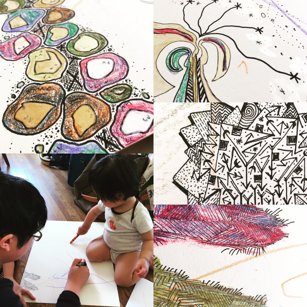 Lisa Hsia making art with her daughter, in ink and crayon and paint