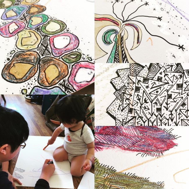 Lisa Hsia making art with her daughter, in ink and crayon and paint