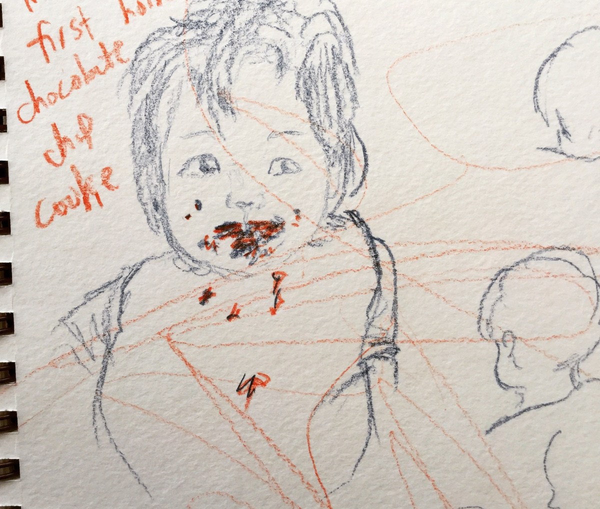 Sketch of 14-month-old Ada eating a chocolate chip cookies, Lisa Hsia