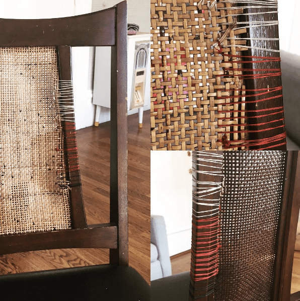 Vintage chair mended in three colors of thread