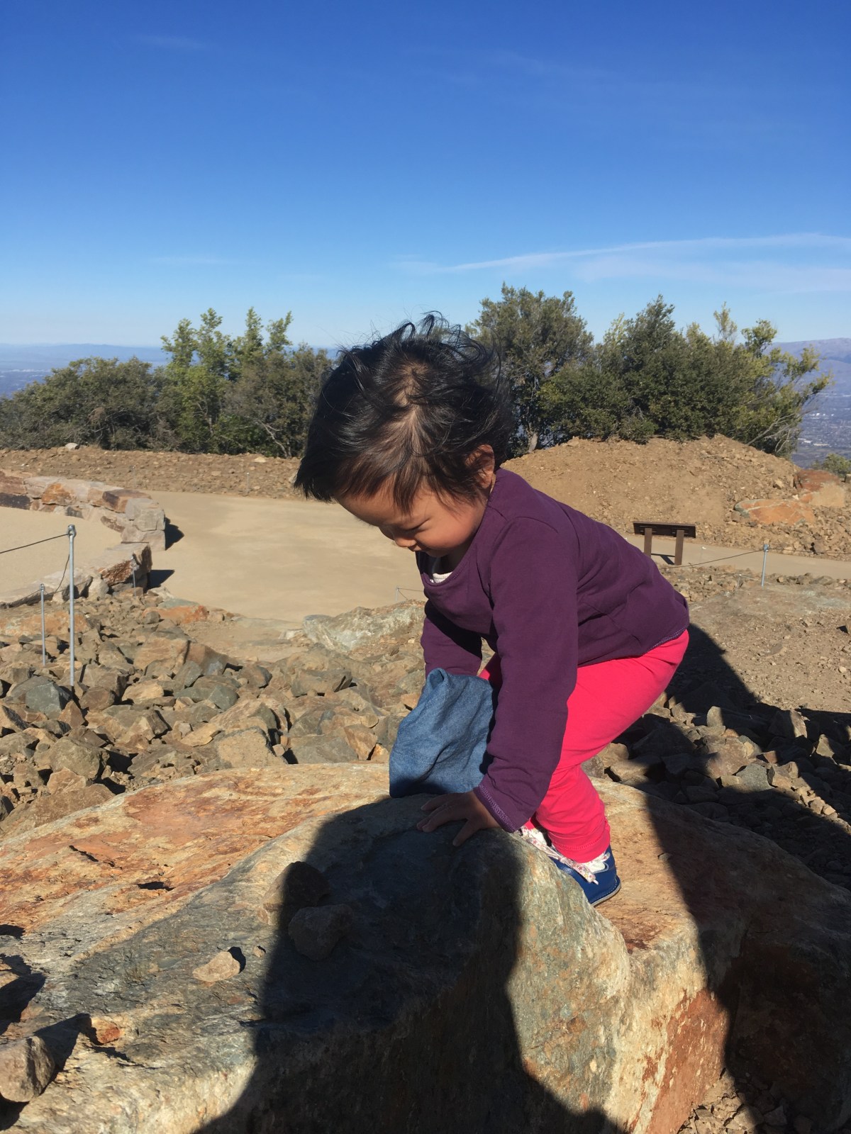 Toddler climbing on a rock