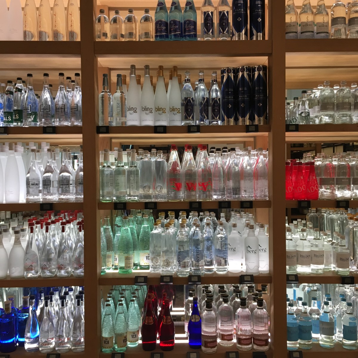 Wall of fancy bottled waters, La Grande Epicerie, Paris