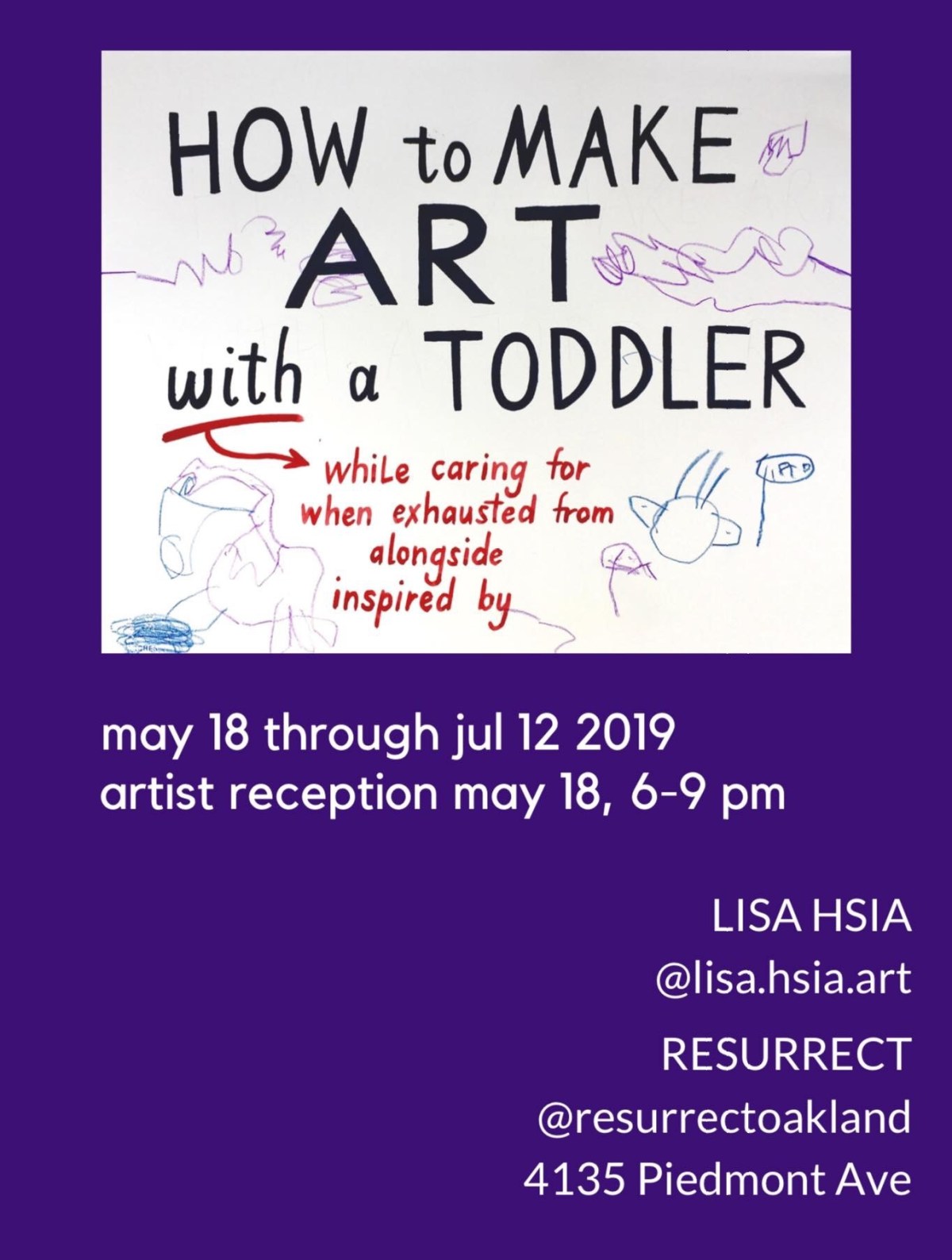 Promo postcard for art show, "How to Make Art with a Toddler"