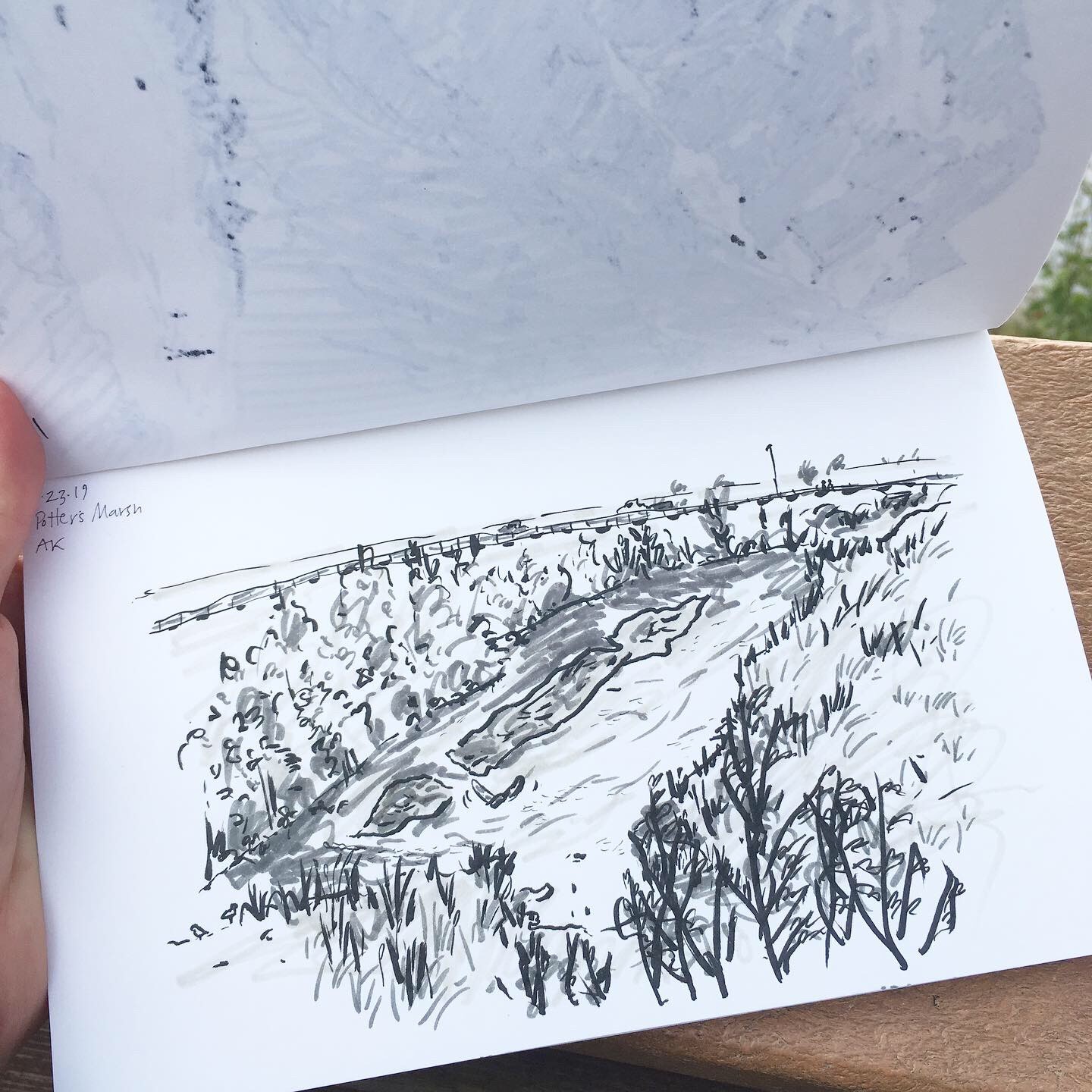 Three-color ink sketch of a river in Alaska