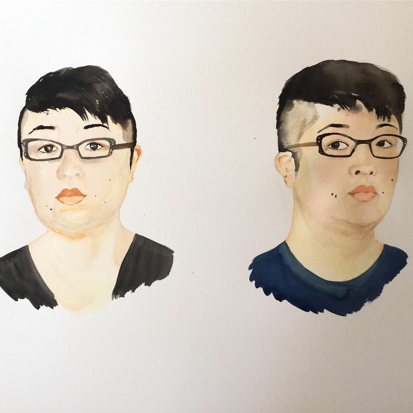 Double watercolor self-portrait of an Asian woman with very short hair and glasses