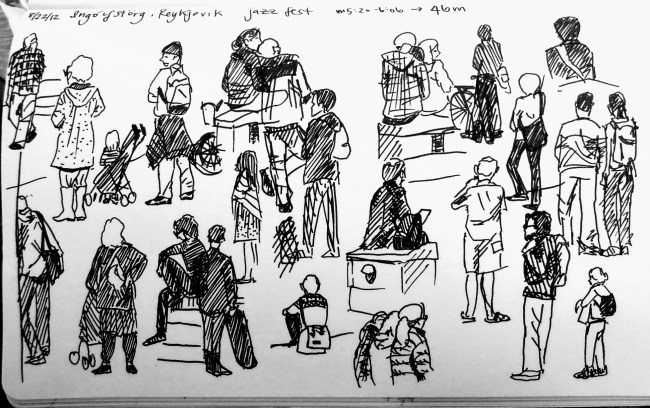 Black ink sketches of people in a Reykjavík square