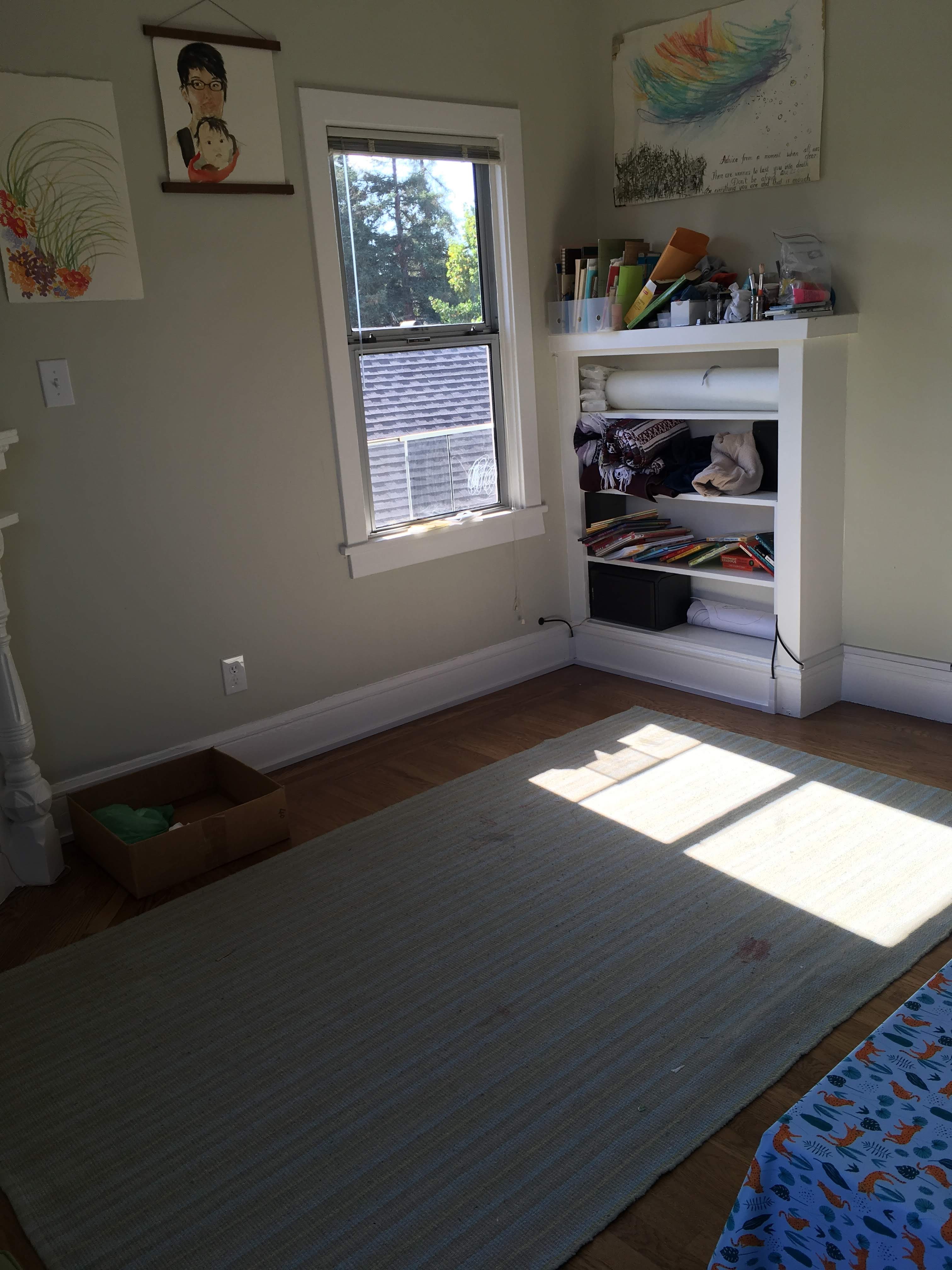 A large, flat-weave area rug in a sunny corner of an apartment