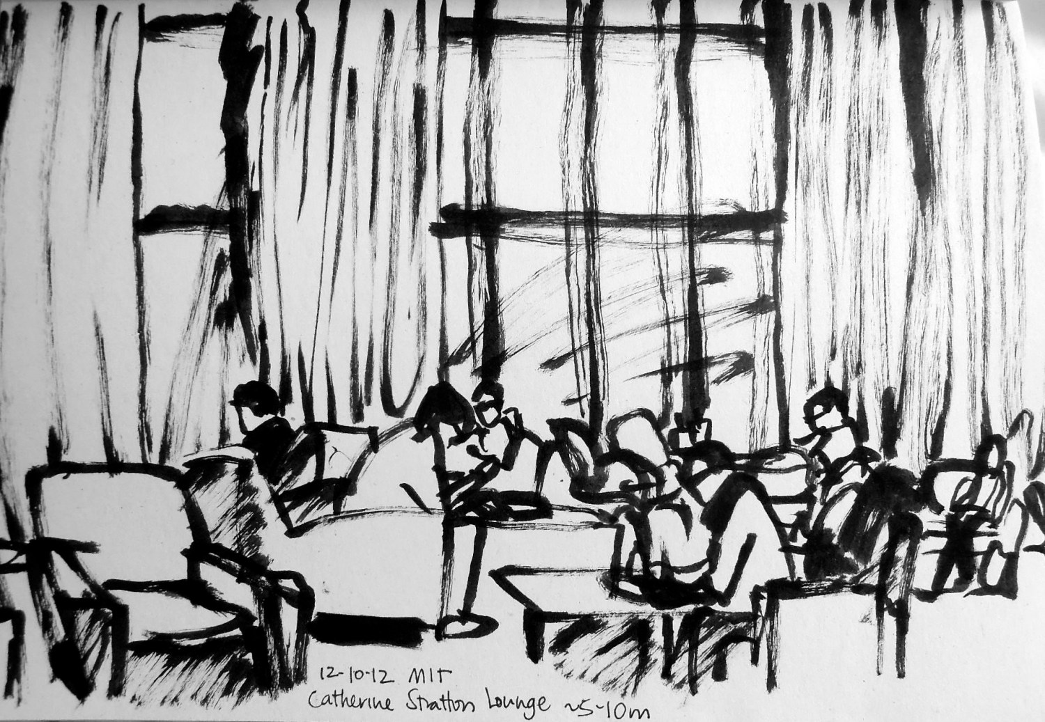 Scratchy marker sketch of people studying in a university lounge, by Lisa Hsia