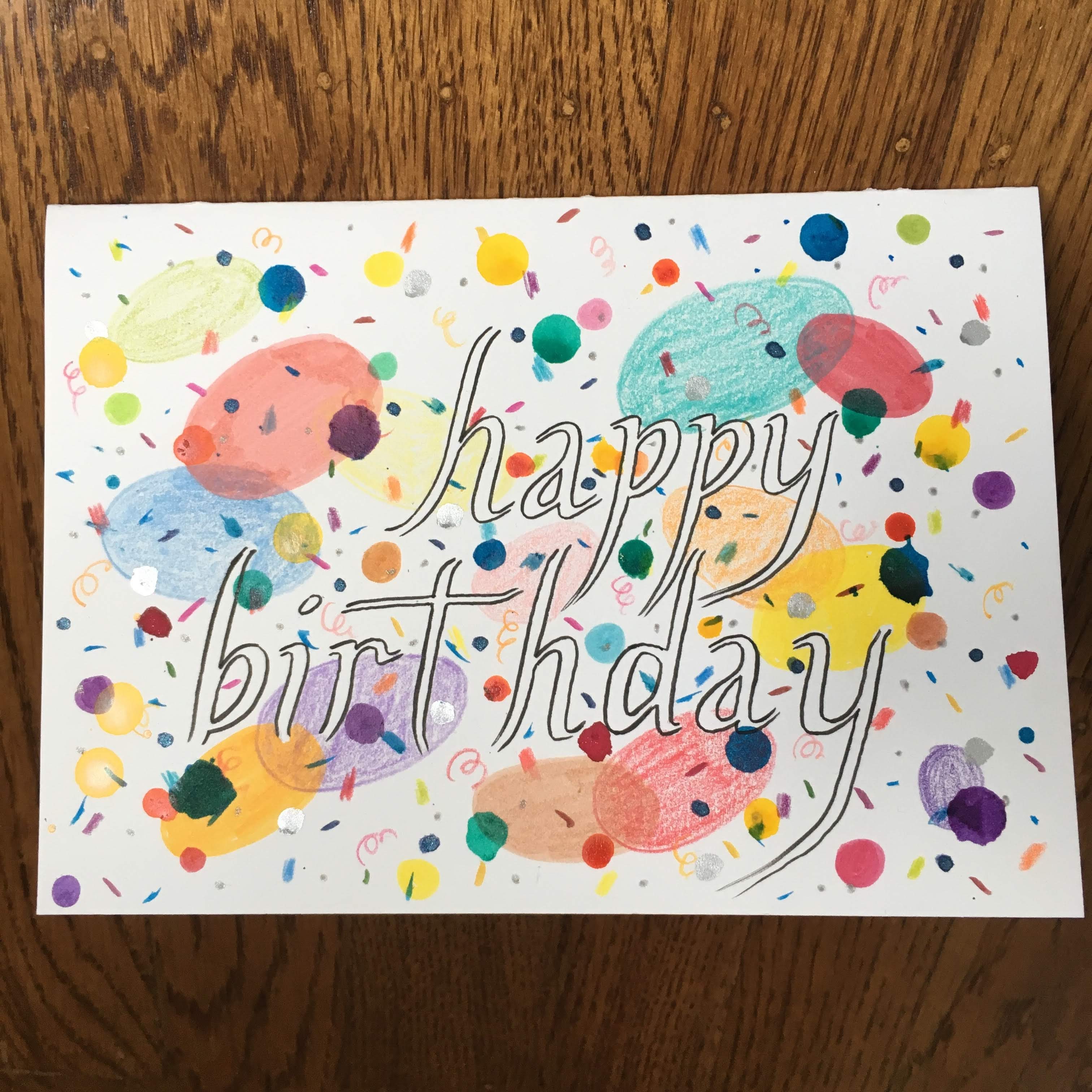 Colorful hand-drawn and painted birthday card