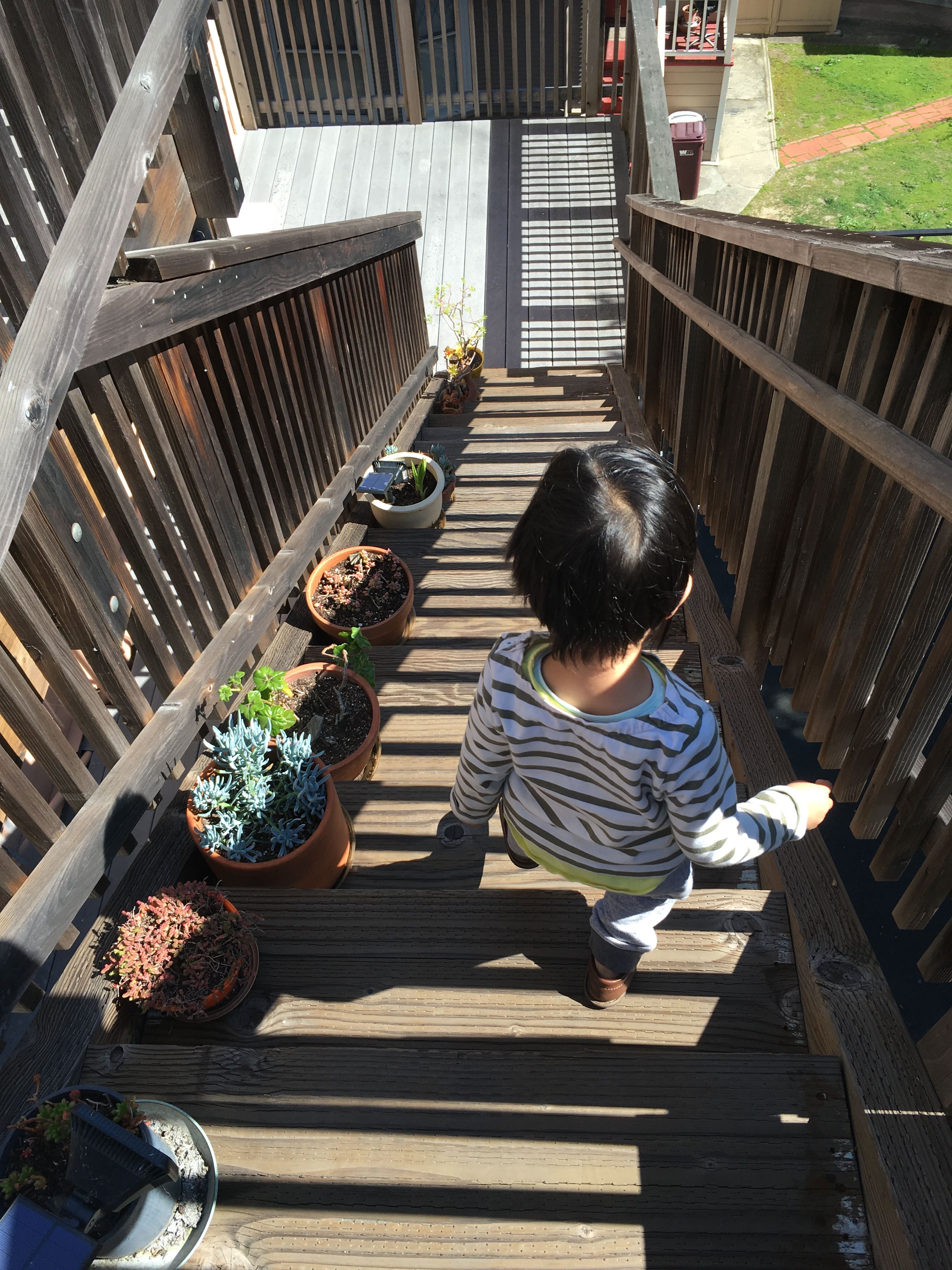 A small child with short black hair descends sunny wooden outdoor stairs