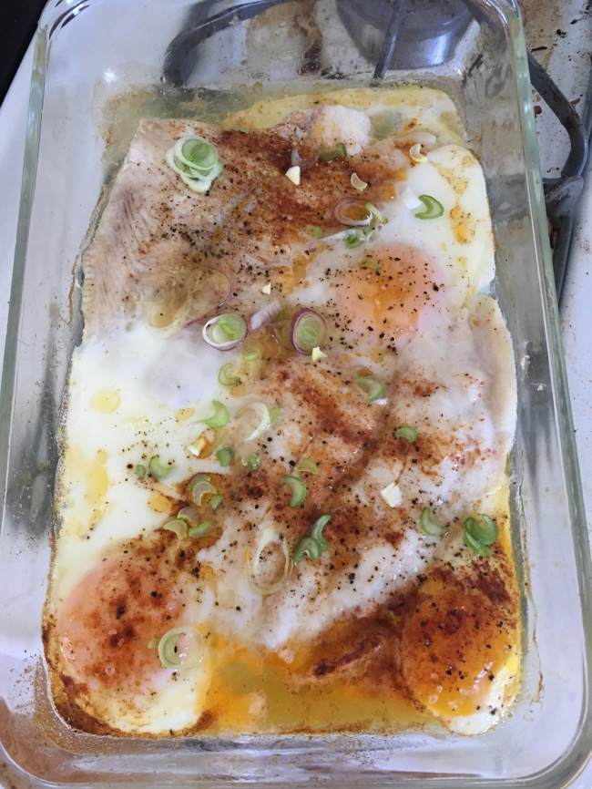 Baked petrale sole with eggs
