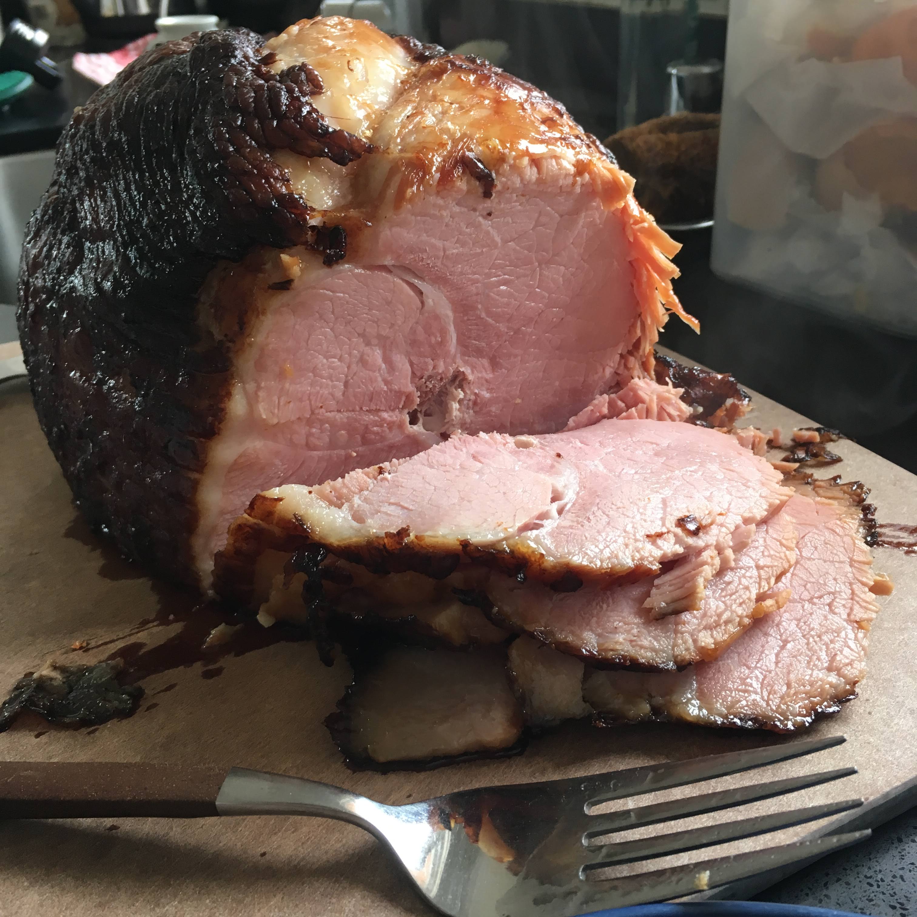 A baked, boneless smoked ham
