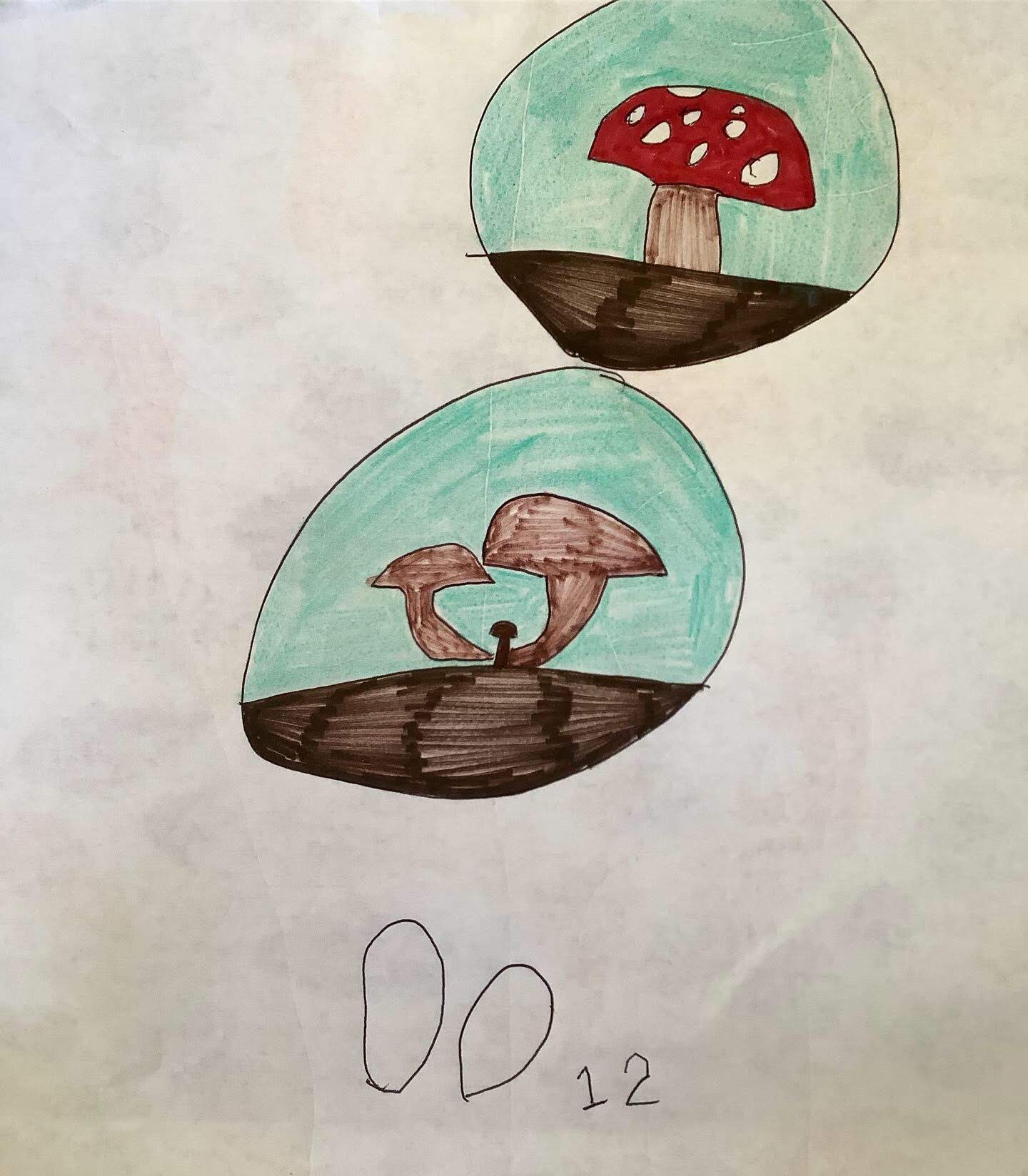 Young child's drawing of the Forest app, with mushrooms growing in circles