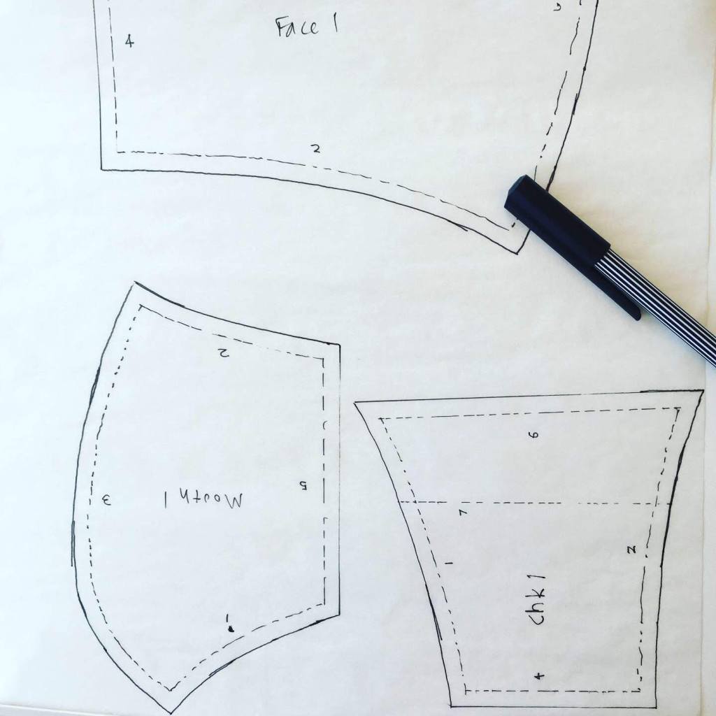 Face mask pattern pieces, traced by hand