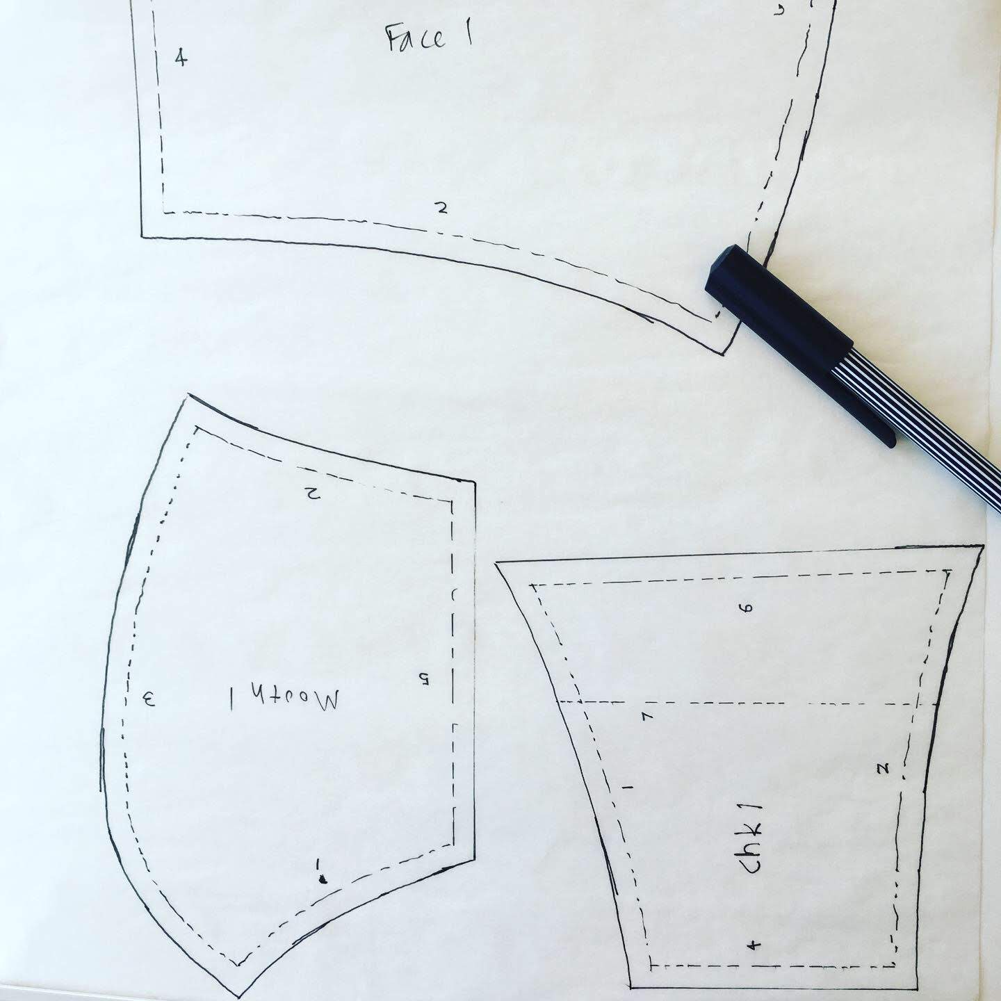 Face mask pattern pieces, traced by hand