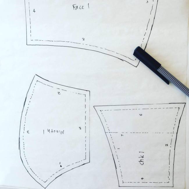 Face mask pattern pieces, traced by hand
