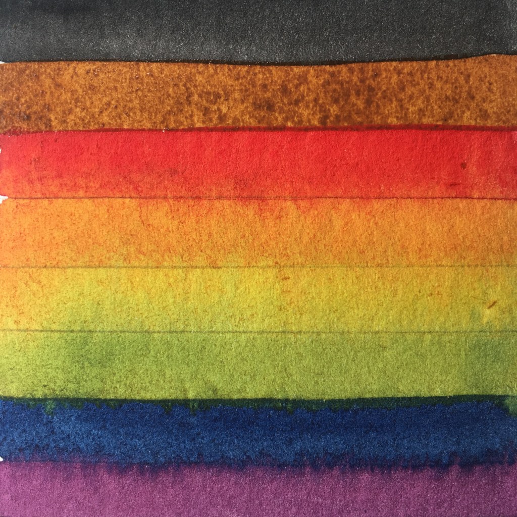Watercolor painting of a square with black, brown, and rainbow stripes