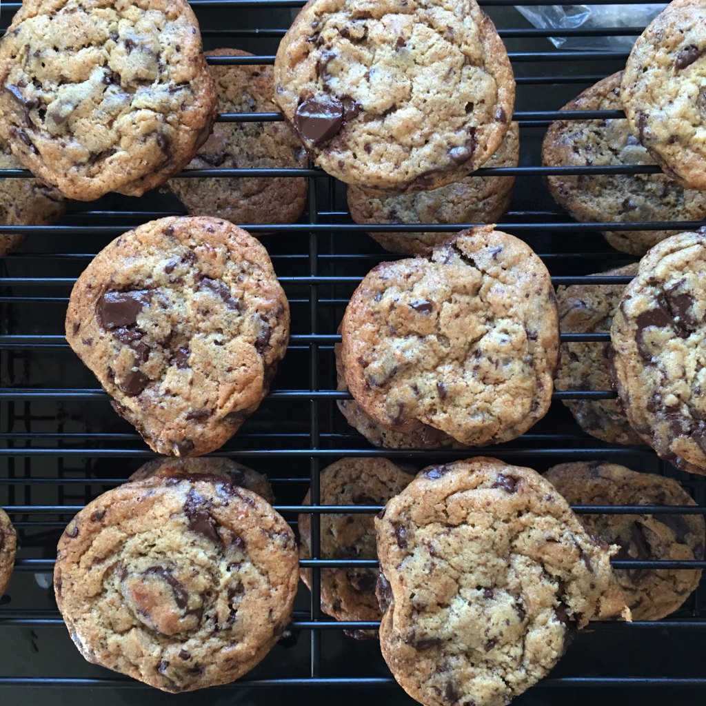 Miso chocolate chip cookies cool on a wire rack