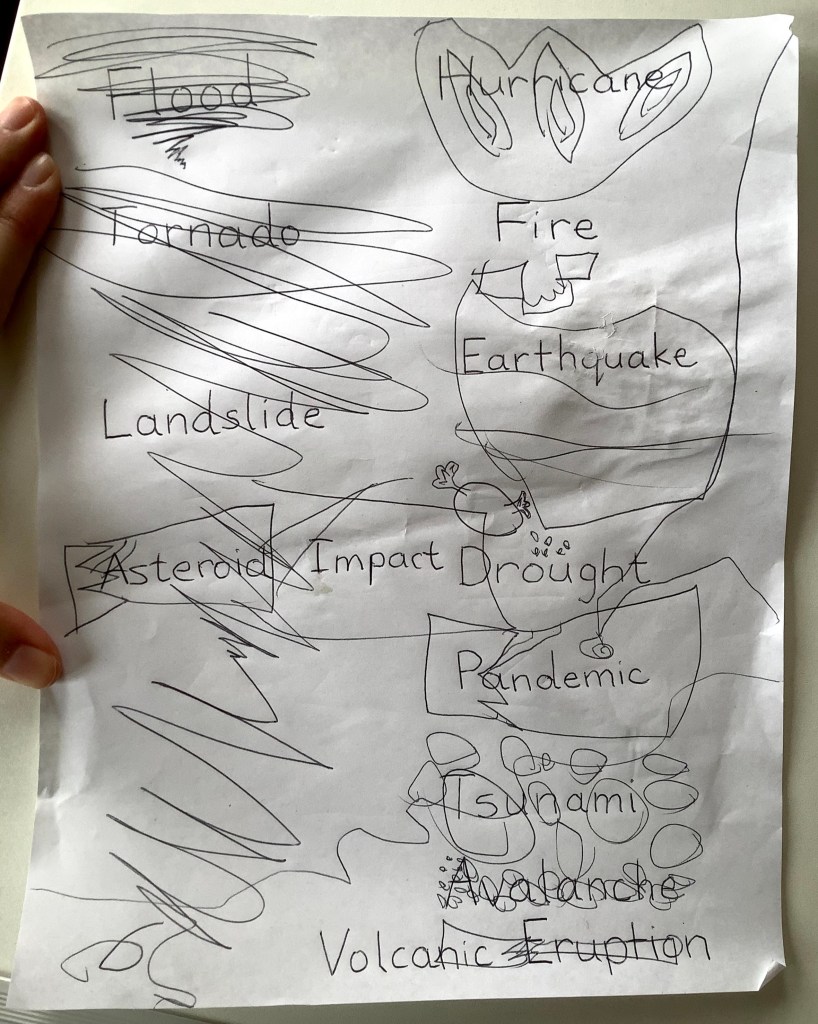 Handwritten list of disasters with a child's drawings of them