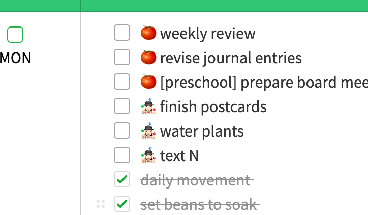 To-do list with some tasks preceded by a tomato emoji and others preceded by a juggler emoji