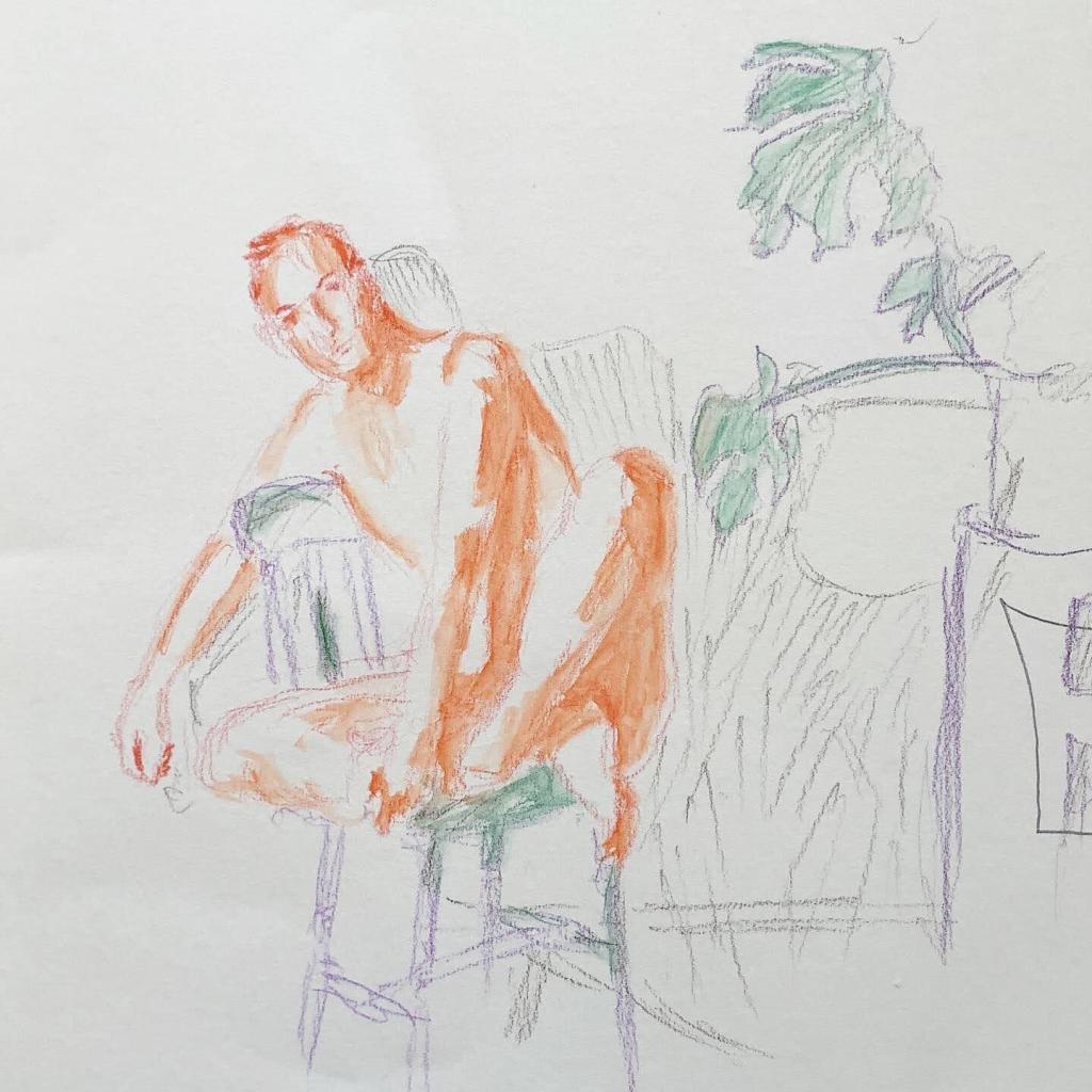 Watercolor-pencil drawing of a nude man on a chair