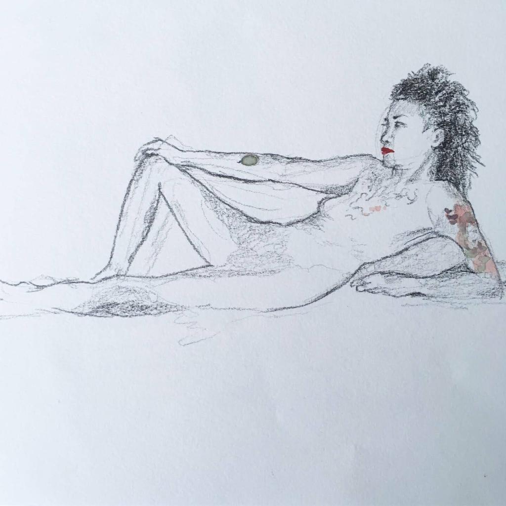 Pencil drawing of a tattooed person with red lips and voluminous hair