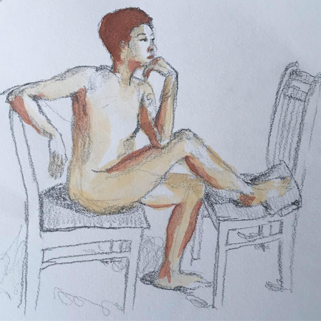Watercolor and pencil drawing of a nude, short-haired person in seated contemplation