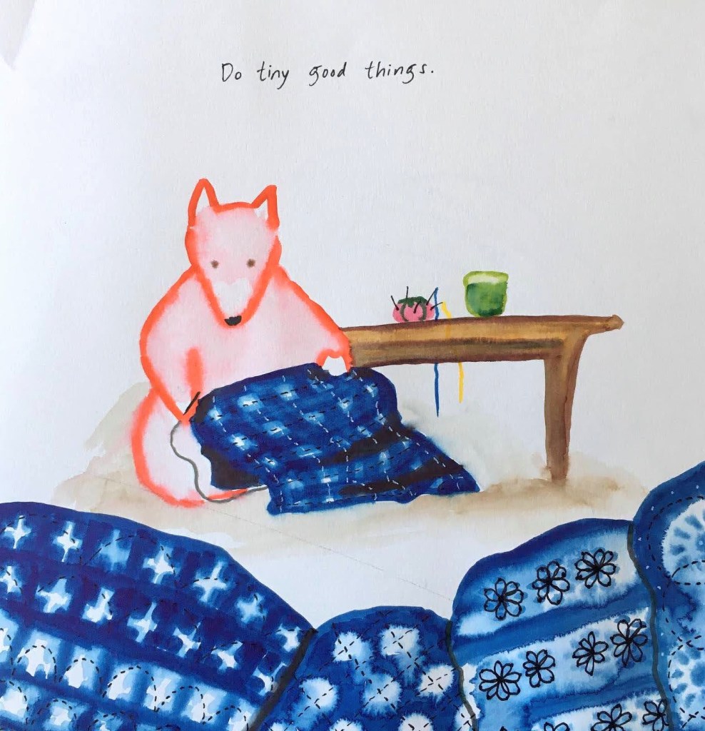 Watercolor of a fox doing sashiko stitching, by Lisa Hsia