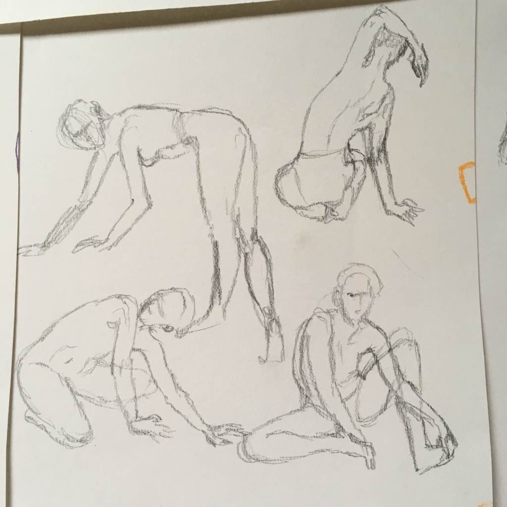 Four figure gesture sketches in pencil, by Lisa Hsia