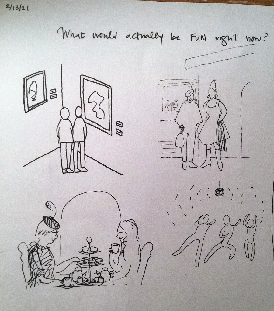 Doodle by Lisa Hsia showing some fun, non-pandemic activities