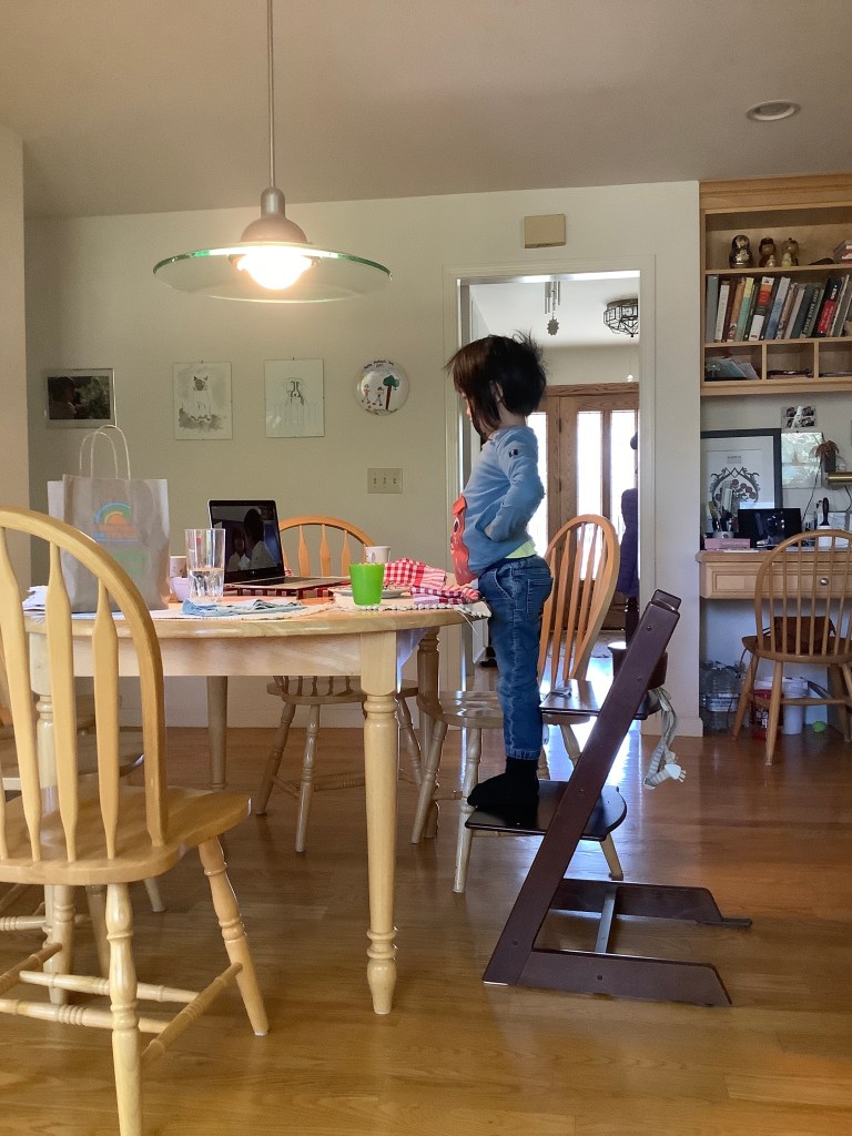 Preschooler standing on a chair looking into a laptop screen