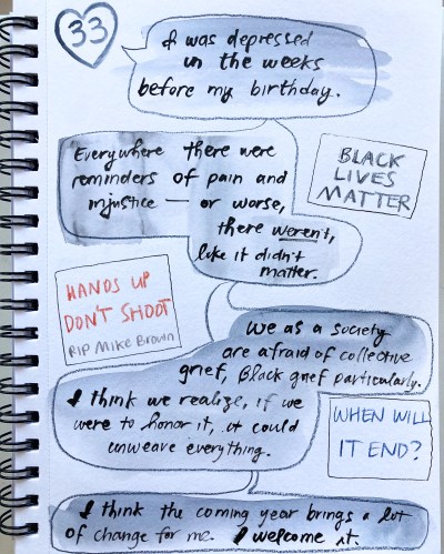 Before my 33rd birthday, I was depressed as protests erupted in Ferguson, MO. I wrote, "We as a society are afraid of collective grief, Black grief particularly. I think we realize, if we were to honor it, it could unweave everything." 